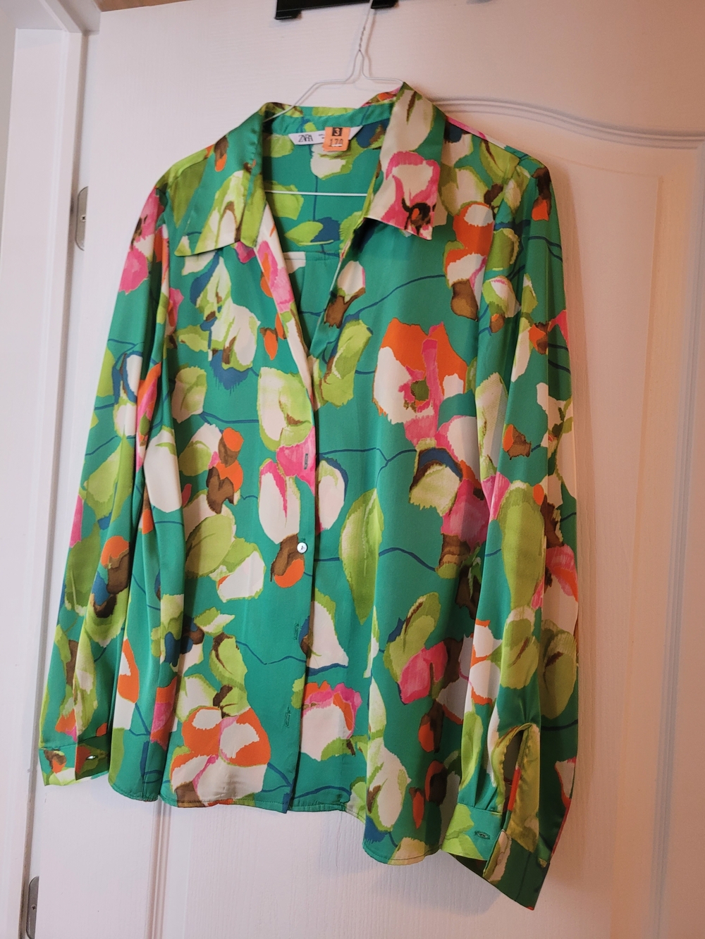 Zara Teal Floral Button-Down Blouse with Pink and Orange Accents